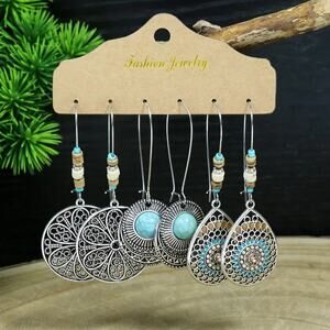 NEW Set of 3 Boho Western Silver Earrings – Beachy Bohemian Style, Turquoise